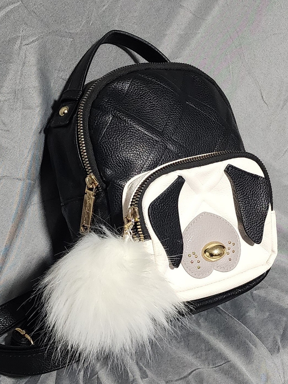 Betsey Johnson Black & White Puppy Face Mini Backpack